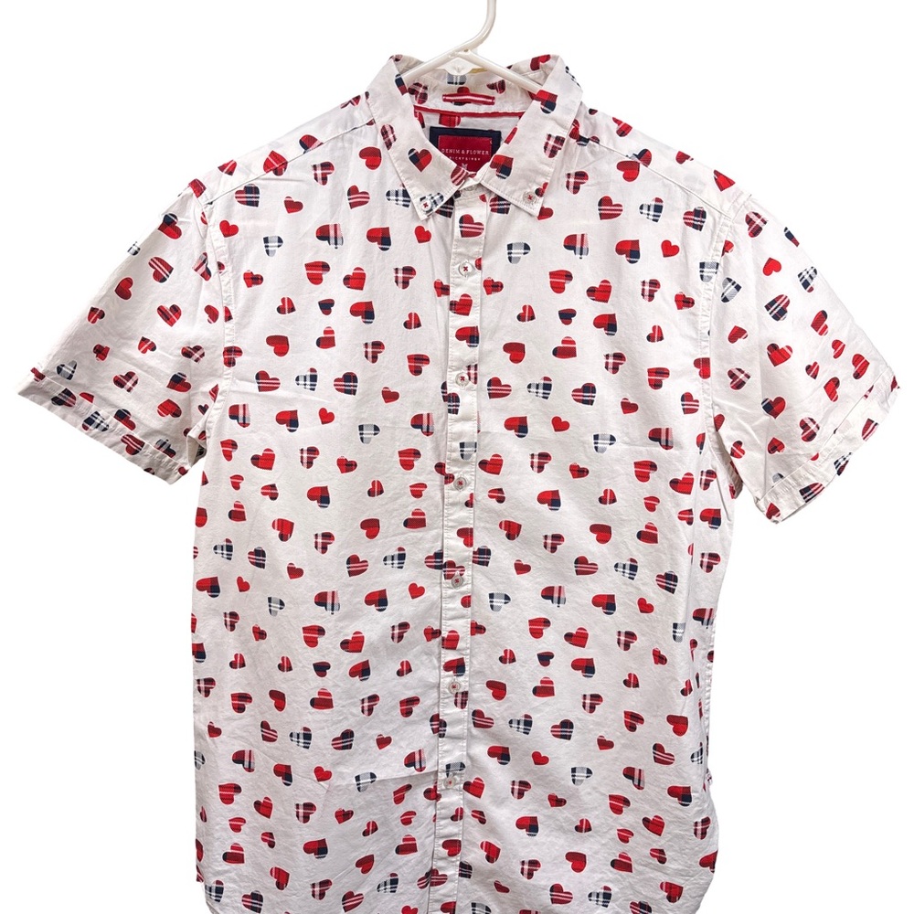 Denim & Flower White Cotton  Shirt with Red and Black Heart Design Medium